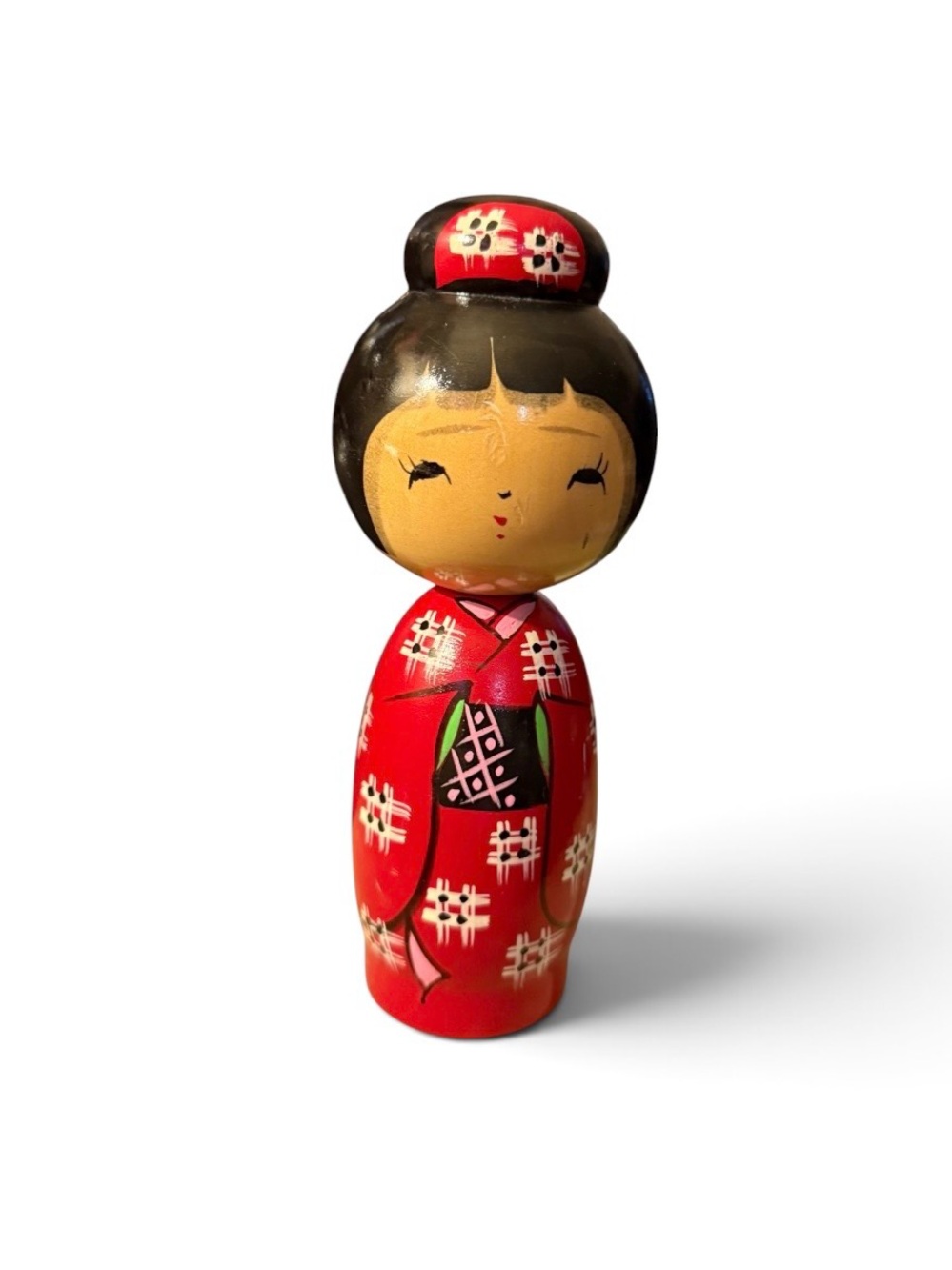 Vintage~Kokeshi Doll~Japanese Kasuri Hosaka Torao Creative Wooden Sosaku Red 7"